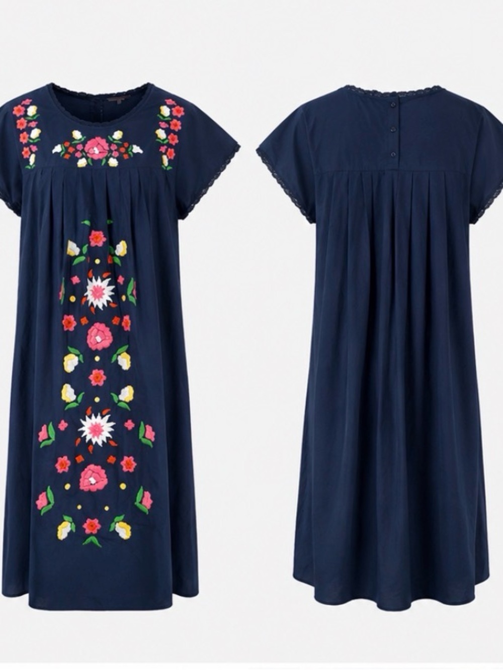 Frances Valentine Embroidered Mexican Folk Art Caftan navy cotton Midi Dress XL - Picture 7 of 8